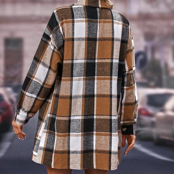 Plaid Print Button Front Jacket And Skirt Khaki - Picture 2 of 5